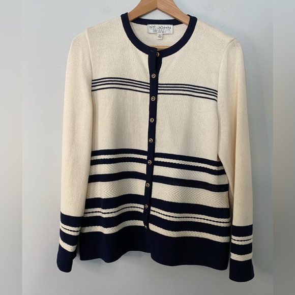 St. John Jackets & Blazers - St. John Women’s Tan Navy Striped Button Down Jacket Cardigan